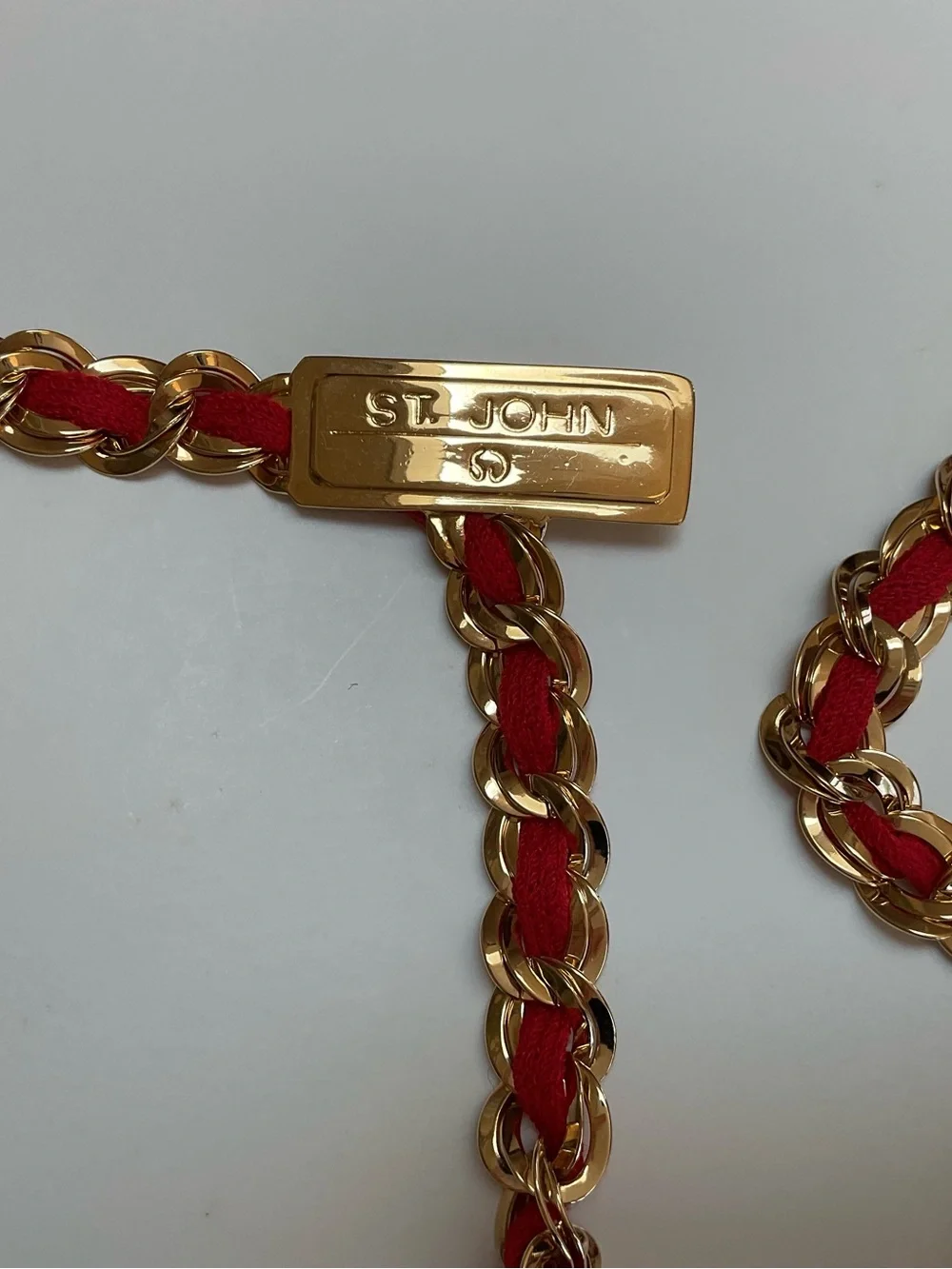 St. John Red and Gold Adjustable Braided Chain Belt with Logo Plate
